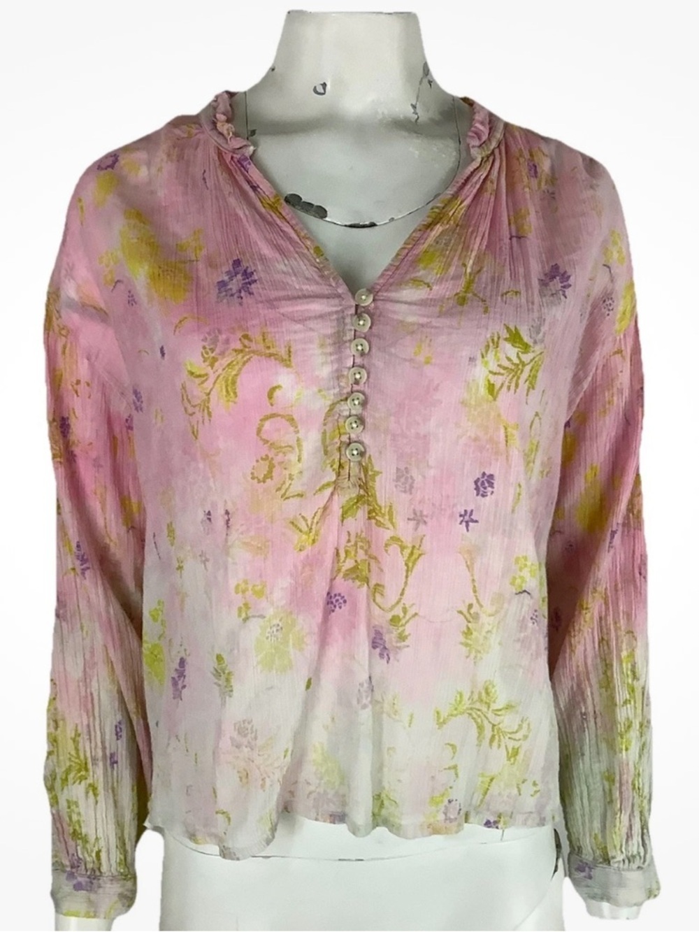 Anthropologie Sz XS 100% Cotton Henley Neck Long Sleeve Lightweight Blouse